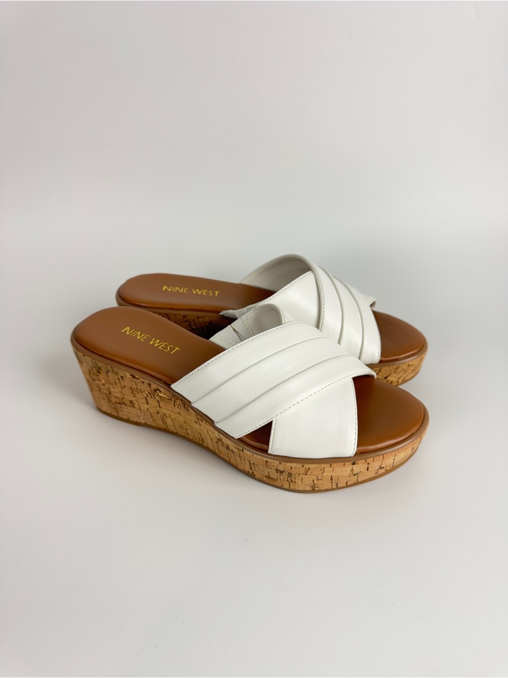 Nine West White Leather Cork Wedge Slide Sandals